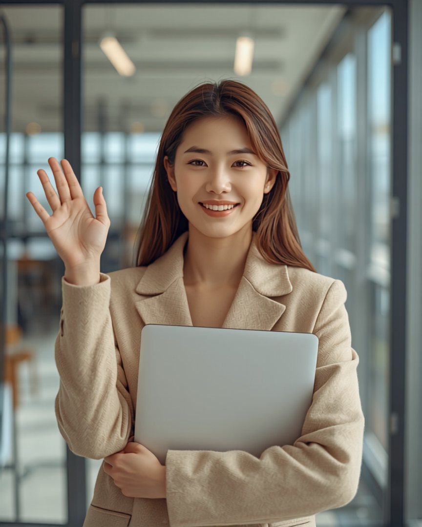 笑顔で手を振る社員